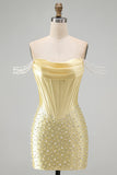 Yellow Corset Tight Off the Shoulder Short Pearl Homecoming Dress with Beading
