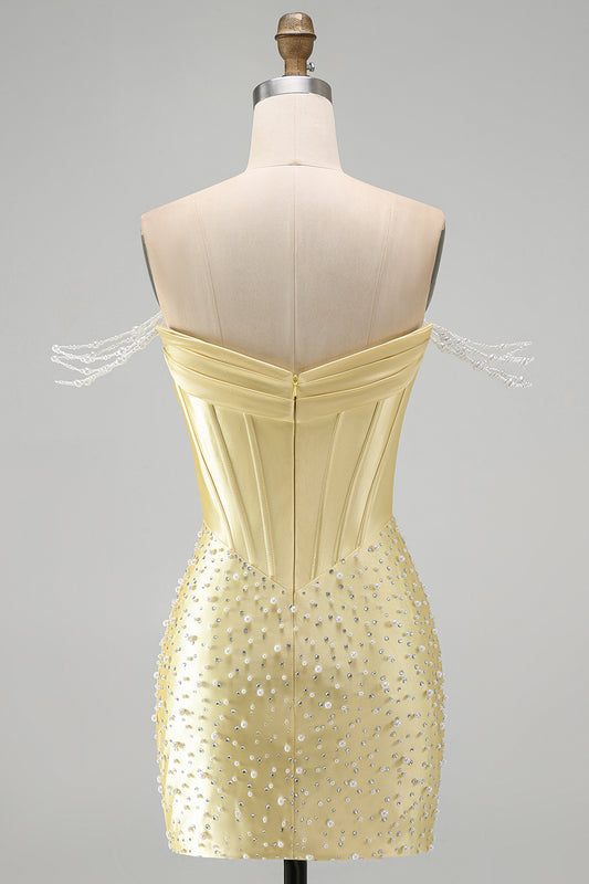 Yellow Corset Tight Off the Shoulder Short Pearl Homecoming Dress with Beading