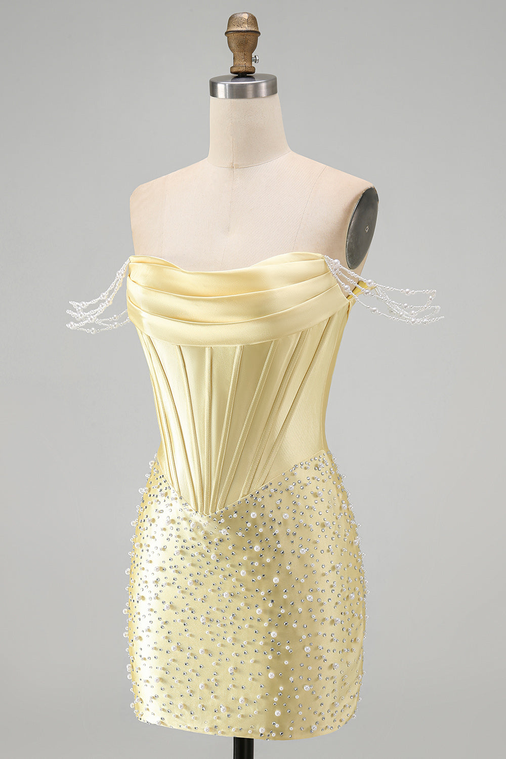 Yellow Corset Tight Off the Shoulder Short Pearl Homecoming Dress with Beading