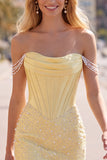 Yellow Corset Tight Off the Shoulder Short Pearl Homecoming Dress with Beading