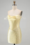 Yellow Corset Tight Off the Shoulder Short Pearl Homecoming Dress with Beading