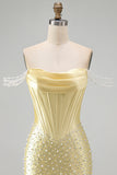 Yellow Corset Tight Off the Shoulder Short Pearl Homecoming Dress with Beading