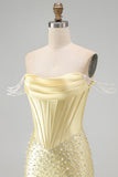 Yellow Corset Tight Off the Shoulder Short Pearl Homecoming Dress with Beading
