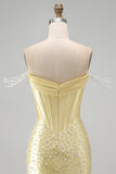 Yellow Corset Tight Off the Shoulder Short Pearl Homecoming Dress with Beading
