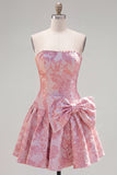 Floral Purple Jacquard A-Line Short Homecoming Dress with Bow
