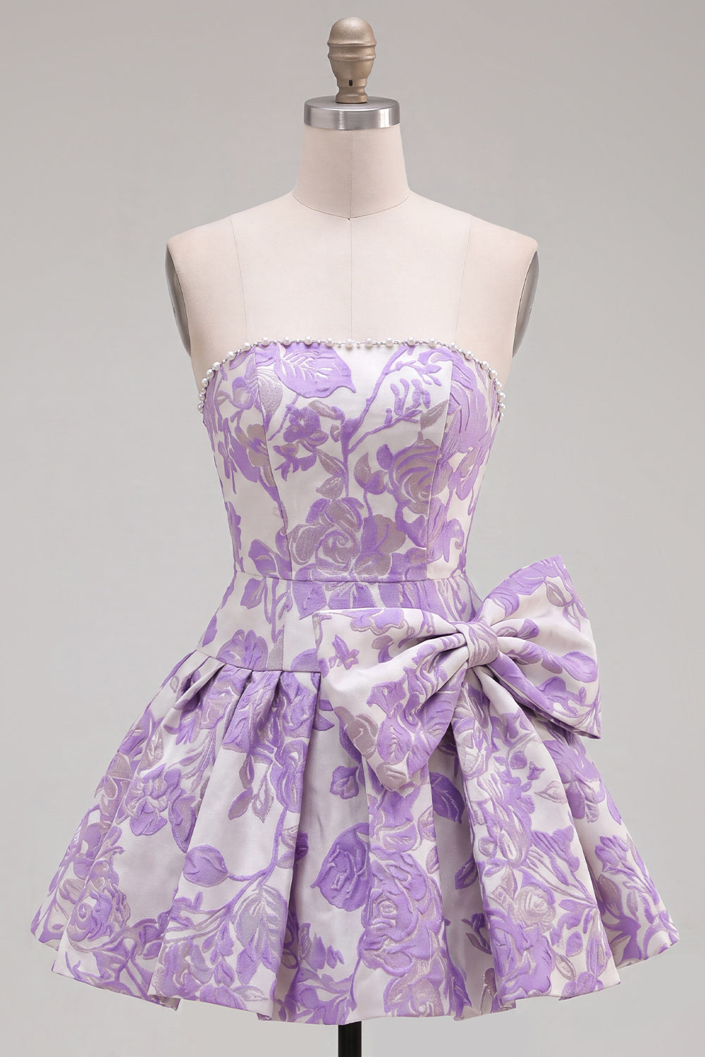 Floral Purple Jacquard A-Line Short Homecoming Dress with Bow