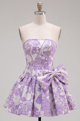 Floral Purple Jacquard A-Line Short Homecoming Dress with Bow
