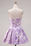 Floral Purple Jacquard A-Line Short Homecoming Dress with Bow