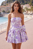 Floral Purple Jacquard A-Line Short Homecoming Dress with Bow
