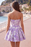 Floral Purple Jacquard A-Line Short Homecoming Dress with Bow