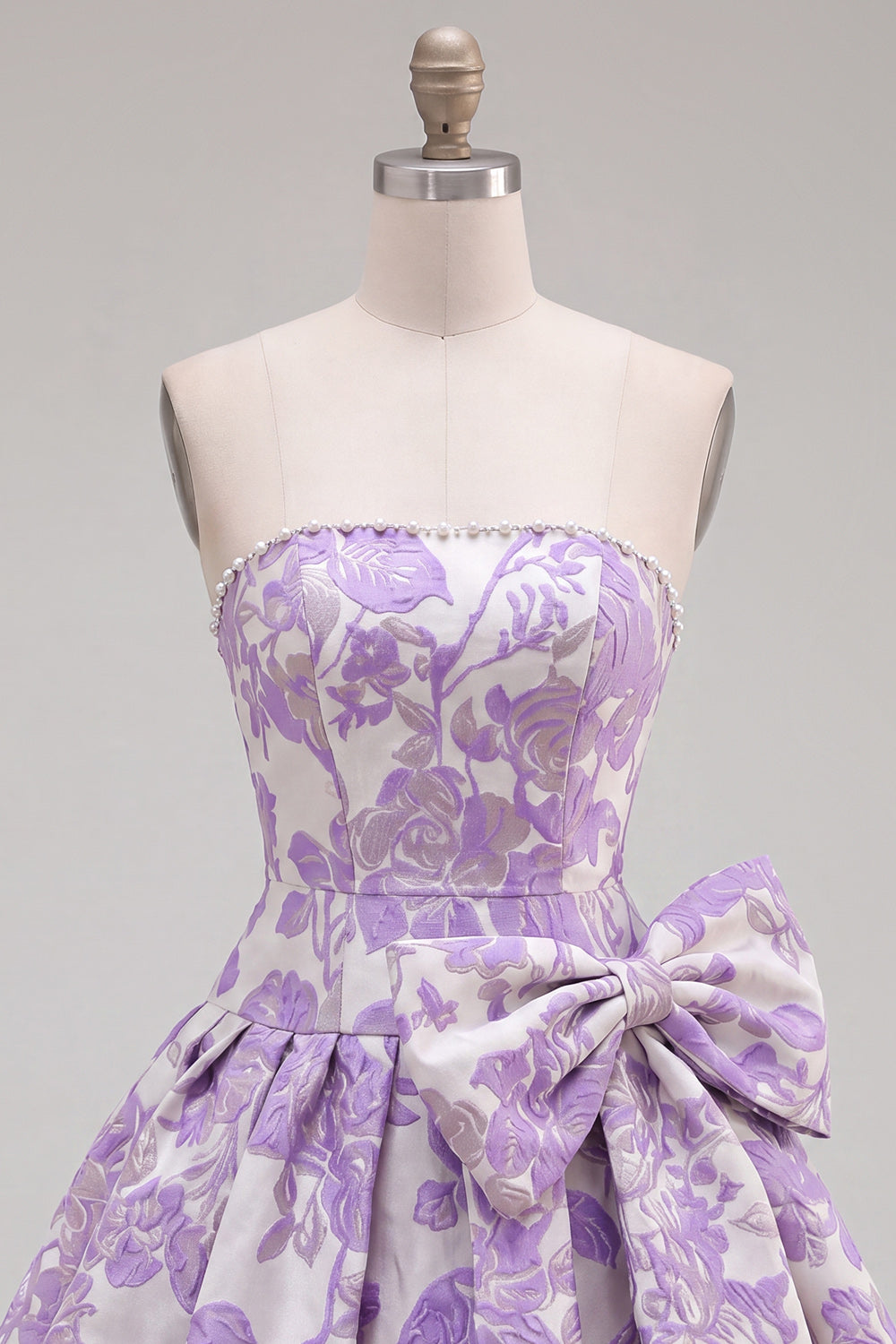 Floral Purple Jacquard A-Line Short Homecoming Dress with Bow