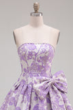 Floral Purple Jacquard A-Line Short Homecoming Dress with Bow