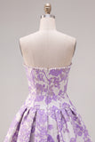 Floral Purple Jacquard A-Line Short Homecoming Dress with Bow