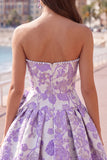 Floral Purple Jacquard A-Line Short Homecoming Dress with Bow