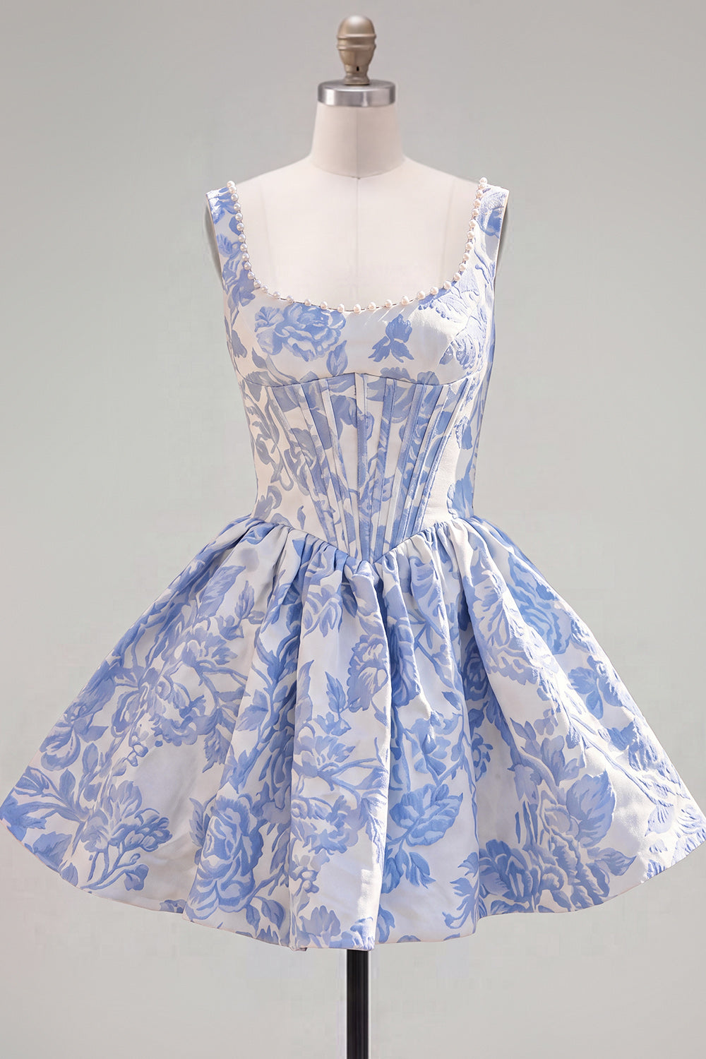 Floral Blue Corset A-Line Short Homecoming Dress with Bow