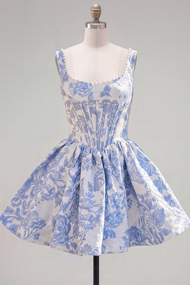 Floral Blue Corset A-Line Short Homecoming Dress with Bow