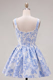 Floral Blue Corset A-Line Short Homecoming Dress with Bow
