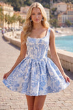 Floral Blue Corset A-Line Short Homecoming Dress with Bow