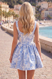 Floral Blue Corset A-Line Short Homecoming Dress with Bow