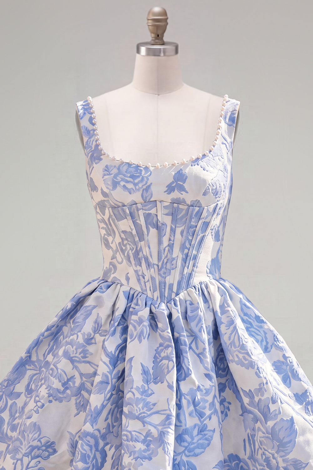 Floral Blue Corset A-Line Short Homecoming Dress with Bow