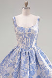 Floral Blue Corset A-Line Short Homecoming Dress with Bow
