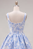 Floral Blue Corset A-Line Short Homecoming Dress with Bow