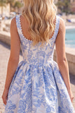 Floral Blue Corset A-Line Short Homecoming Dress with Bow