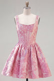 Floral Blue Corset A-Line Short Homecoming Dress with Bow