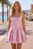 Floral Blue Corset A-Line Short Homecoming Dress with Bow