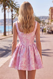 Floral Blue Corset A-Line Short Homecoming Dress with Bow
