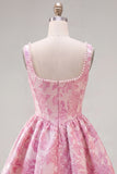 Floral Blue Corset A-Line Short Homecoming Dress with Bow
