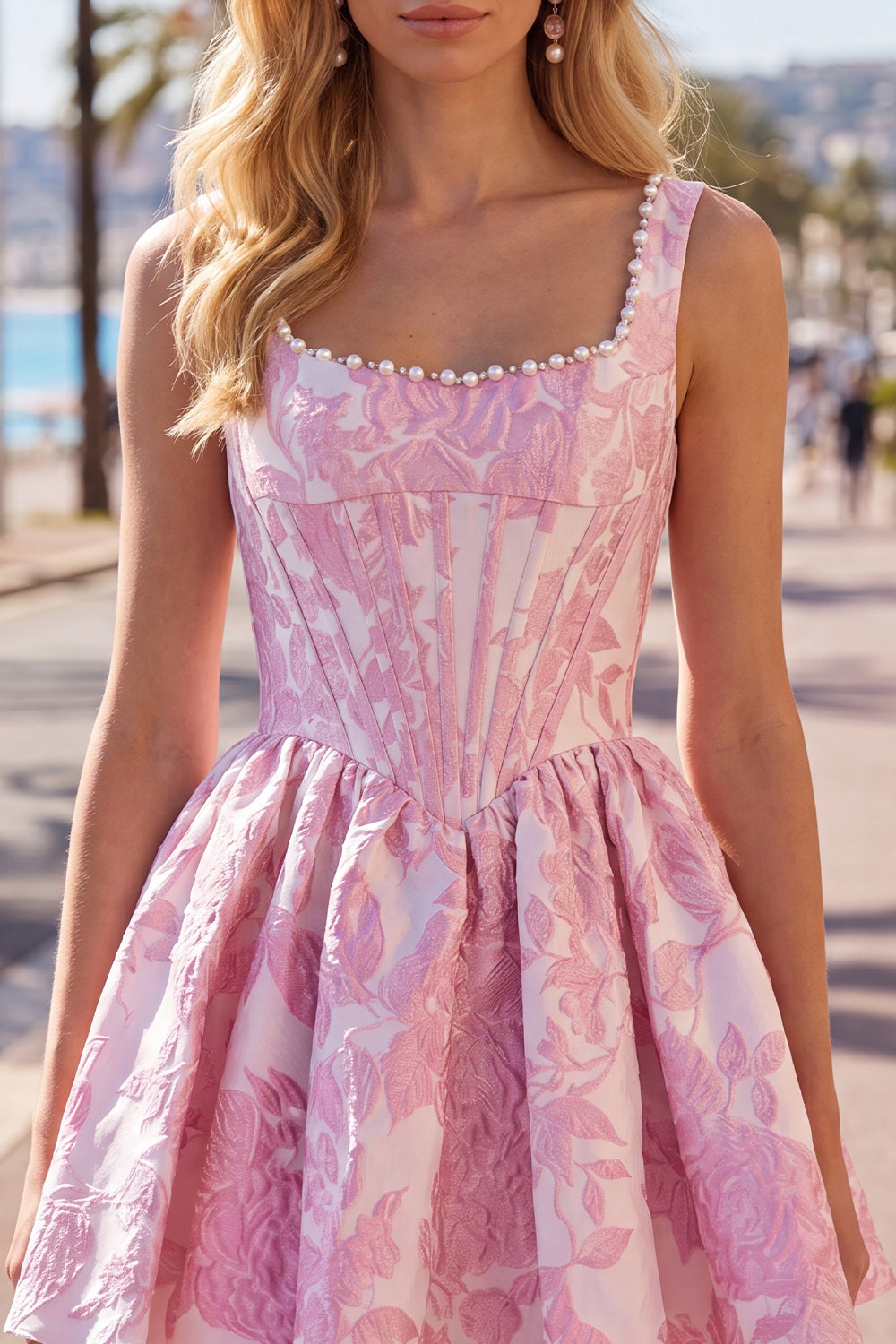 Floral Blue Corset A-Line Short Homecoming Dress with Bow