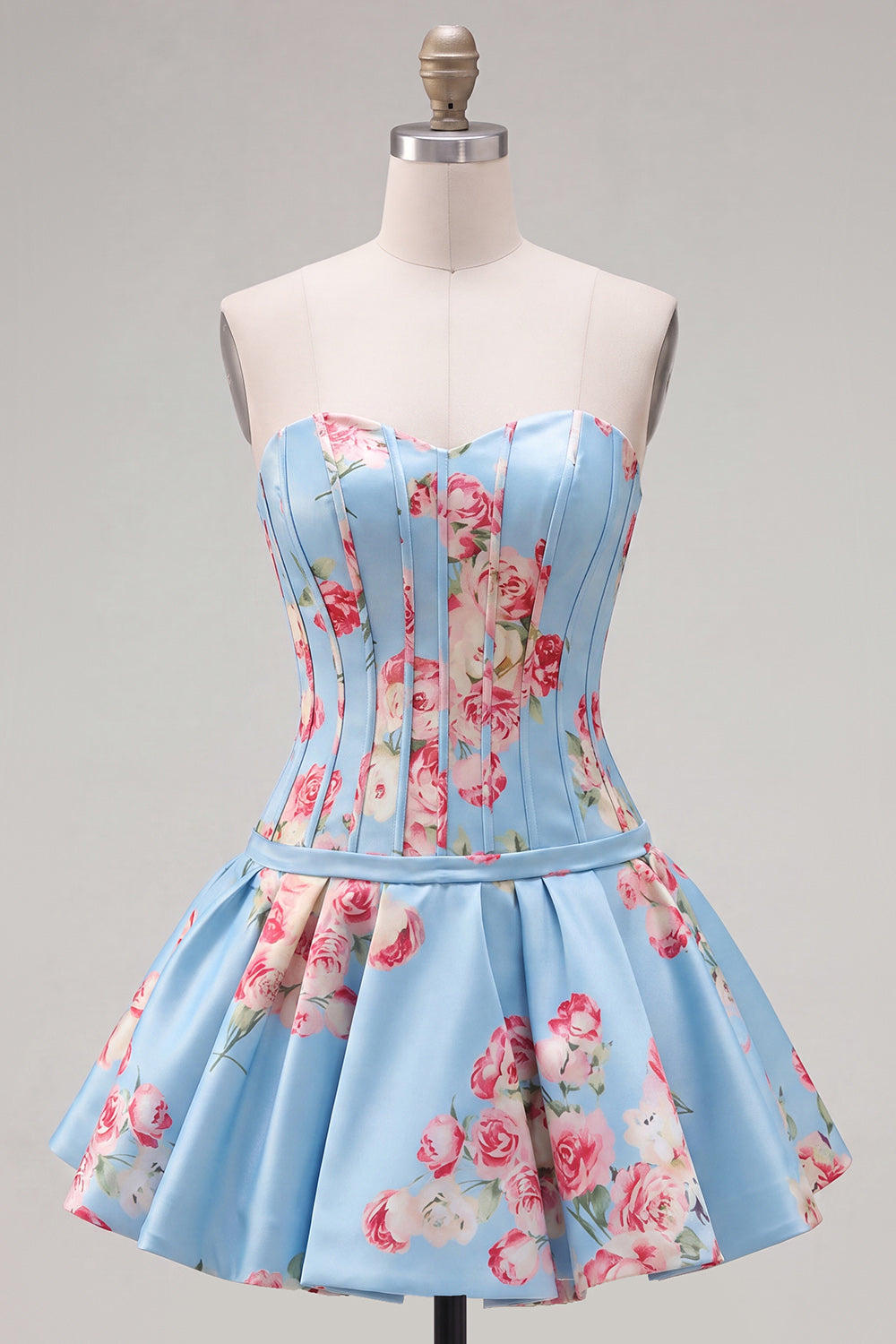 Floral Blue Satin Sweetheart Corset A-Line Short Homecoming Dress