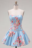 Floral Blue Satin Sweetheart Corset A-Line Short Homecoming Dress