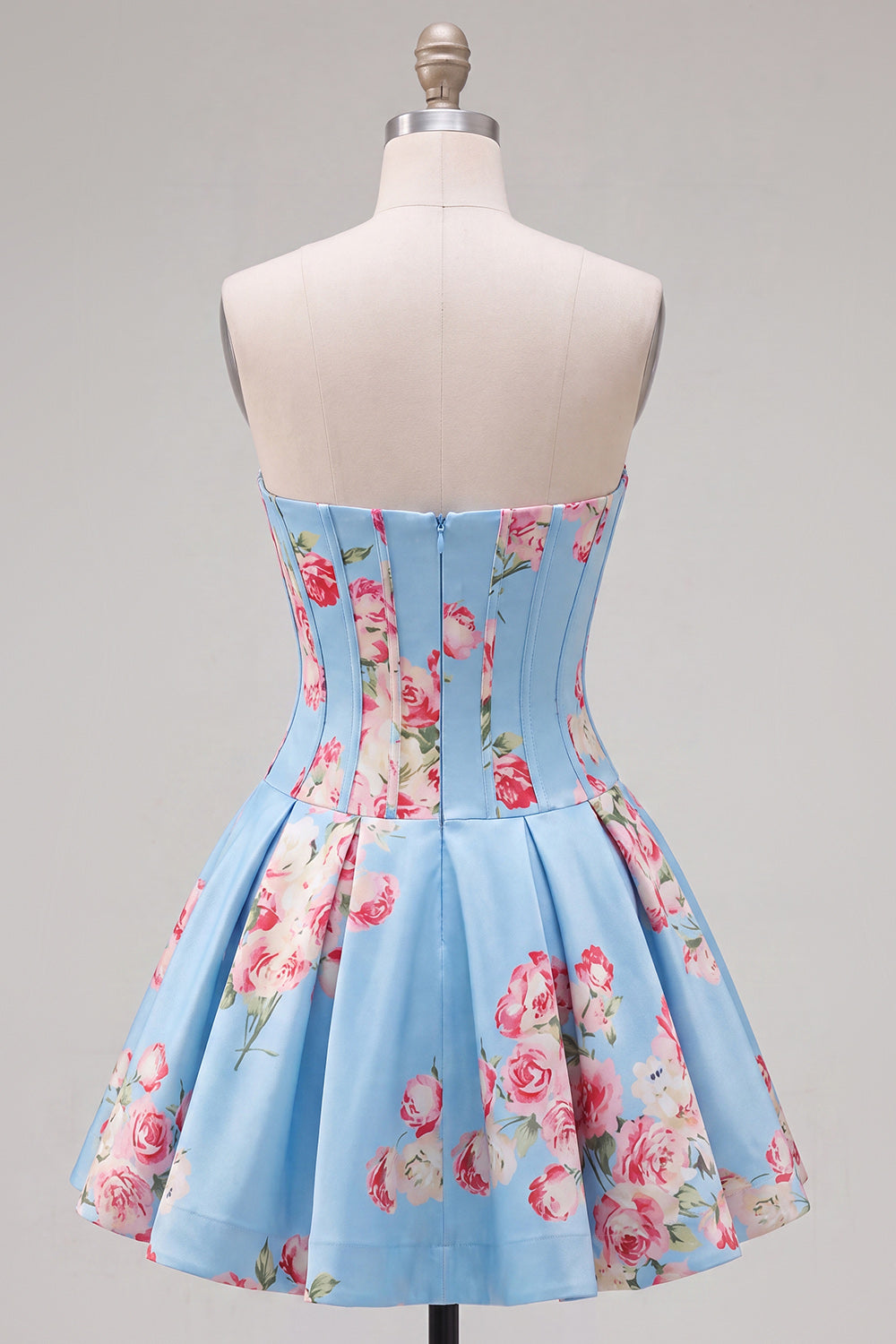 Floral Blue Satin Sweetheart Corset A-Line Short Homecoming Dress