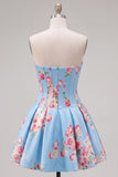 Floral Blue Satin Sweetheart Corset A-Line Short Homecoming Dress