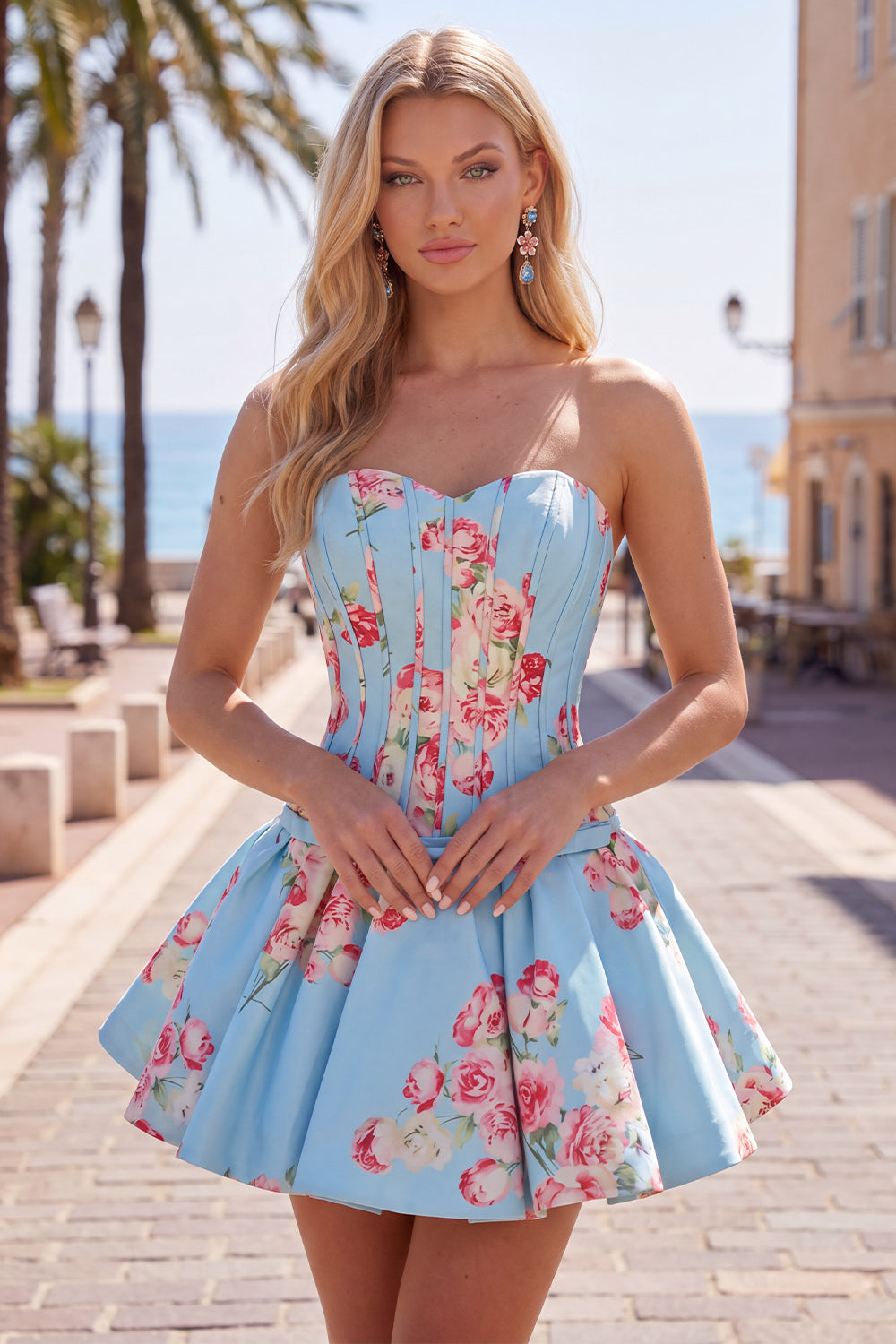 Floral Blue Satin Sweetheart Corset A-Line Short Homecoming Dress