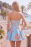Floral Blue Satin Sweetheart Corset A-Line Short Homecoming Dress