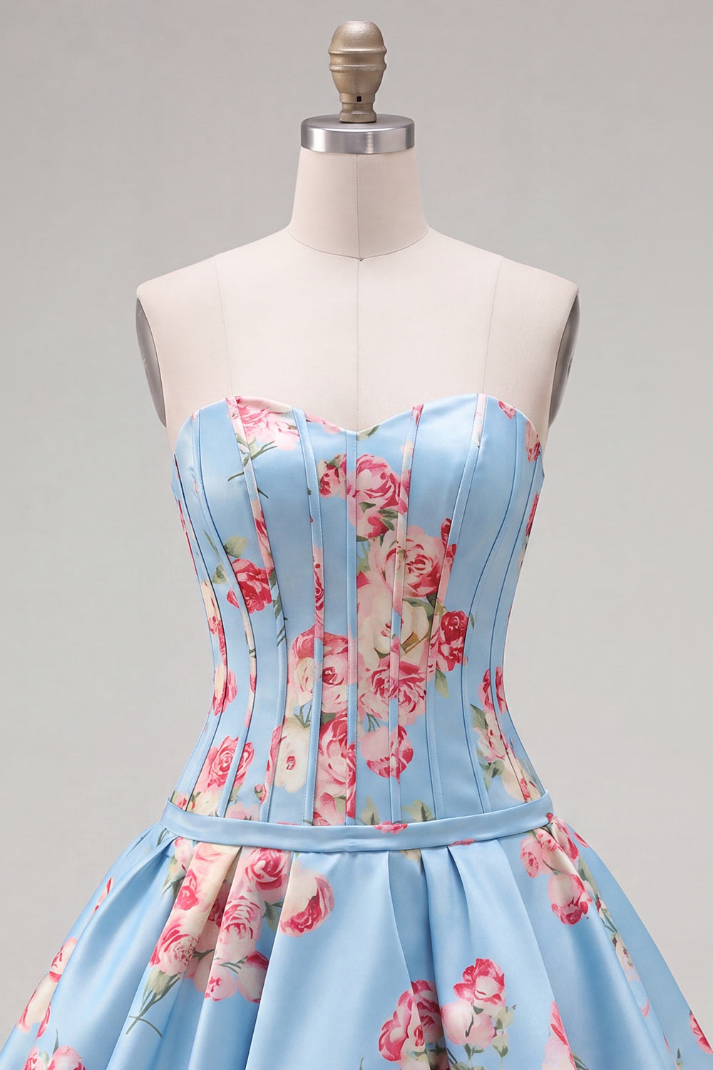 Floral Blue Satin Sweetheart Corset A-Line Short Homecoming Dress