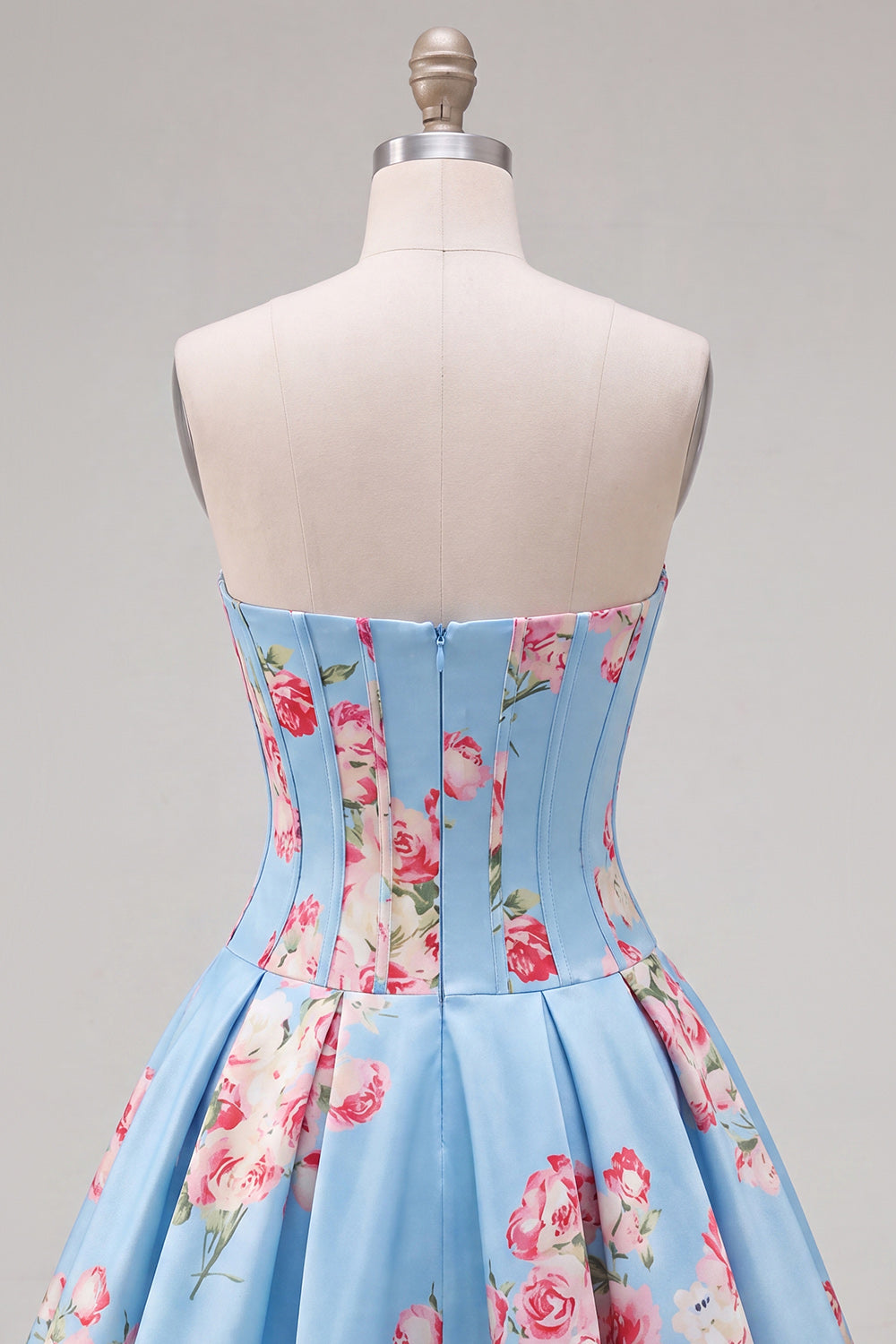 Floral Blue Satin Sweetheart Corset A-Line Short Homecoming Dress
