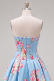 Floral Blue Satin Sweetheart Corset A-Line Short Homecoming Dress