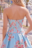 Floral Blue Satin Sweetheart Corset A-Line Short Homecoming Dress