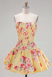 Floral Blue Satin Sweetheart Corset A-Line Short Homecoming Dress