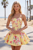 Floral Blue Satin Sweetheart Corset A-Line Short Homecoming Dress