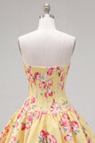 Floral Blue Satin Sweetheart Corset A-Line Short Homecoming Dress