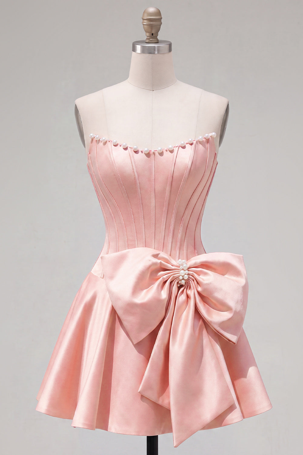 Peach Pink Corset Satin A-Line Short Homecoming Dress with Bow