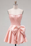 Peach Pink Corset Satin A-Line Short Homecoming Dress with Bow