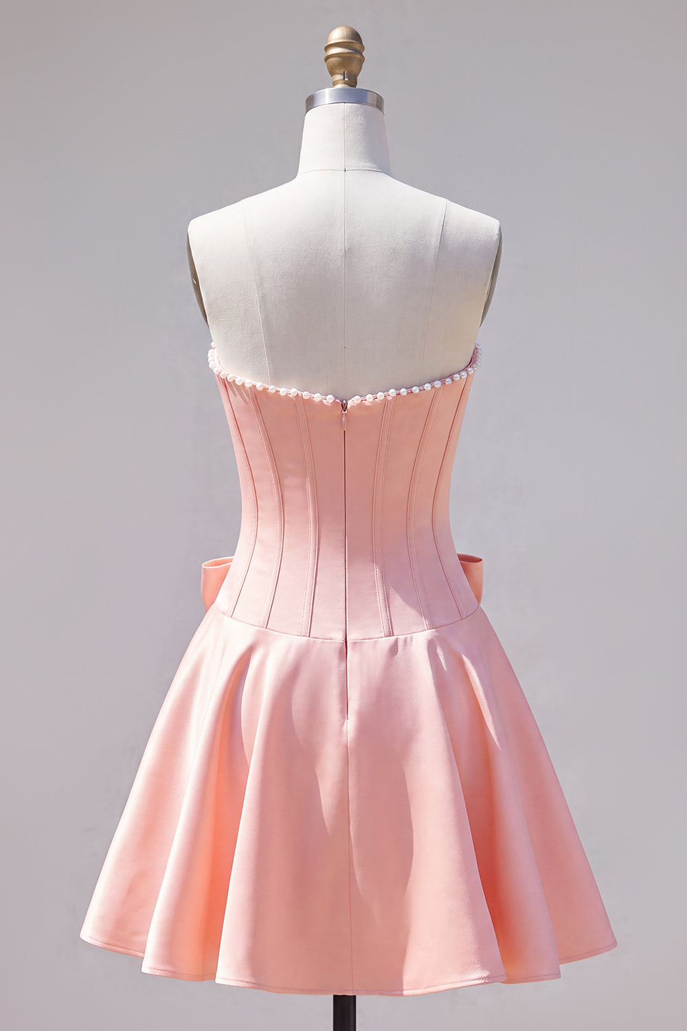 Peach Pink Corset Satin A-Line Short Homecoming Dress with Bow