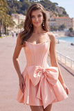Peach Pink Corset Satin A-Line Short Homecoming Dress with Bow