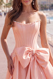 Peach Pink Corset Satin A-Line Short Homecoming Dress with Bow